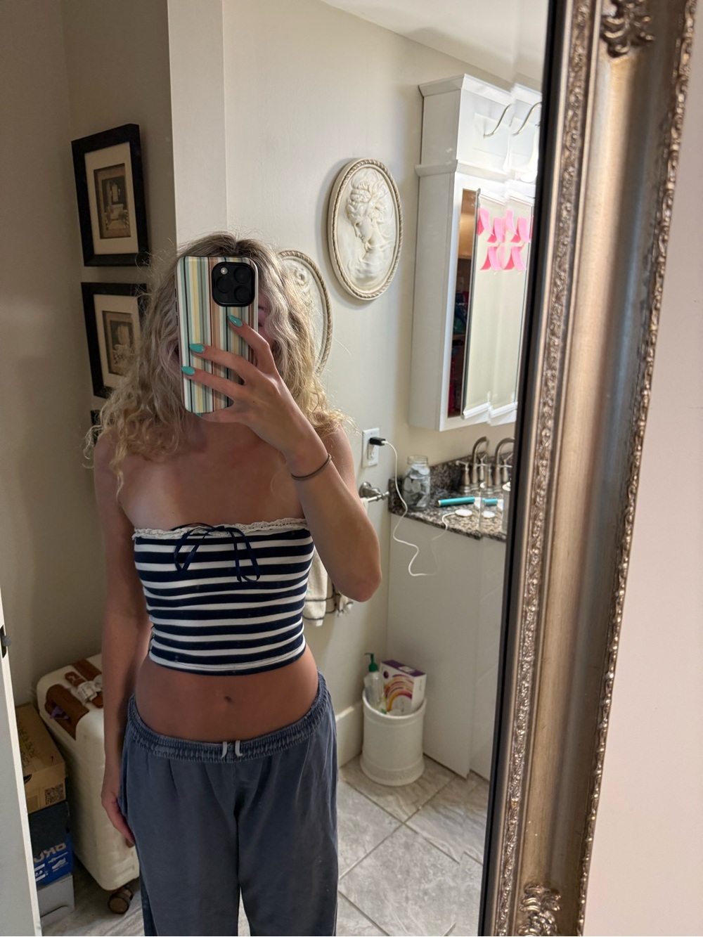 Striped Navy and White Strapless Tube Top